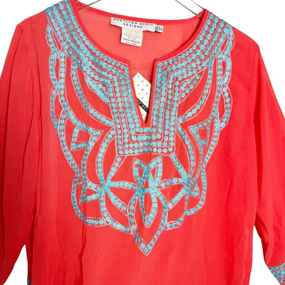 Gretchen Scott Designs Women’s Size XL Tunic Top coral Embroidered Boho blous - Picture 3 of 10